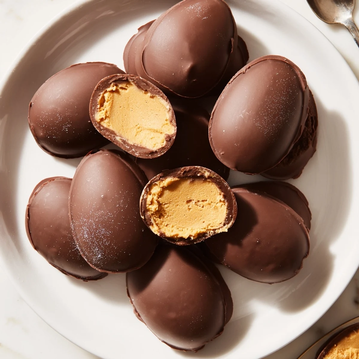 Stacked Homemade Peanut Butter Eggs on parchment, creamy centers peeking through