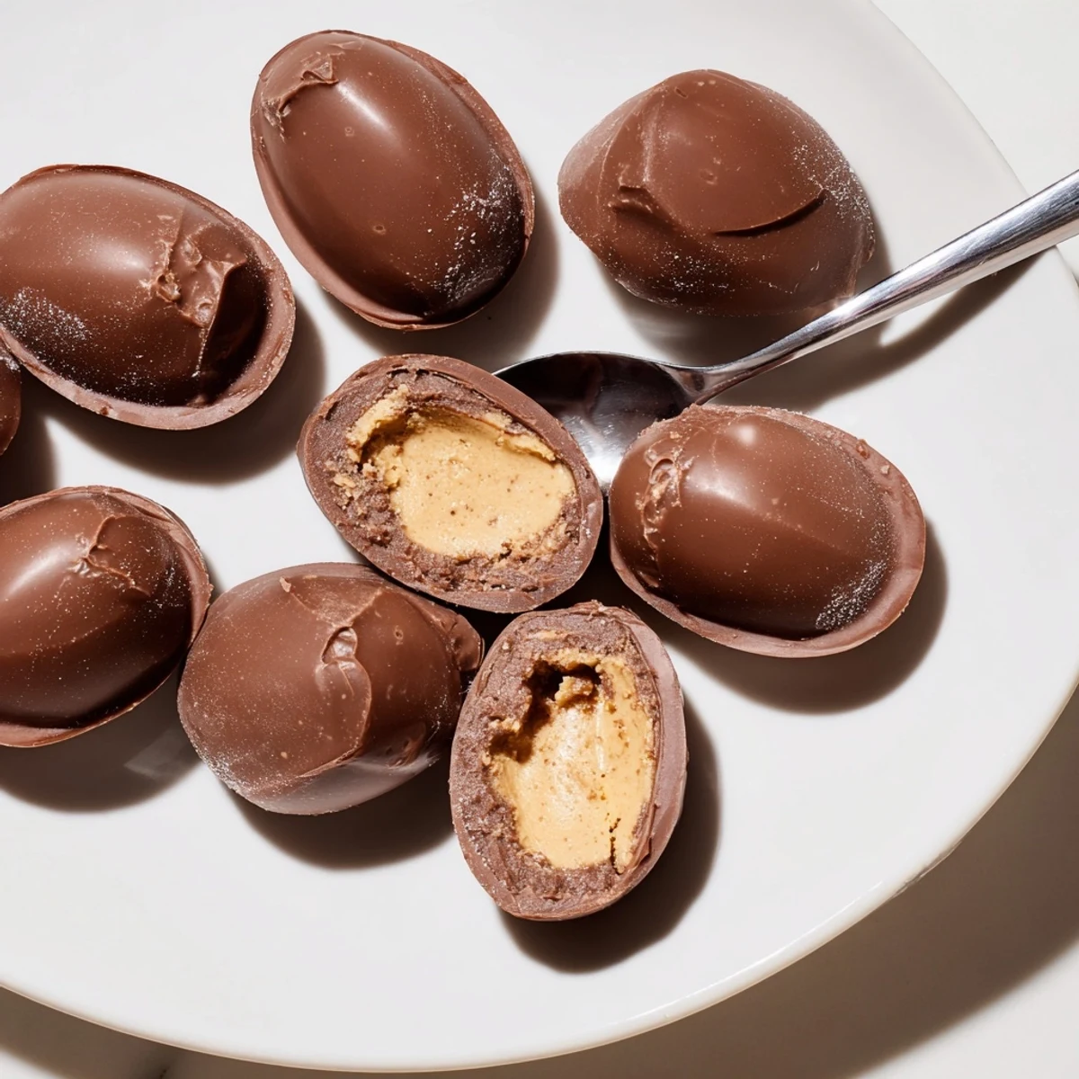 Two-bite Homemade Peanut Butter Eggs drizzled with white chocolate for contrast