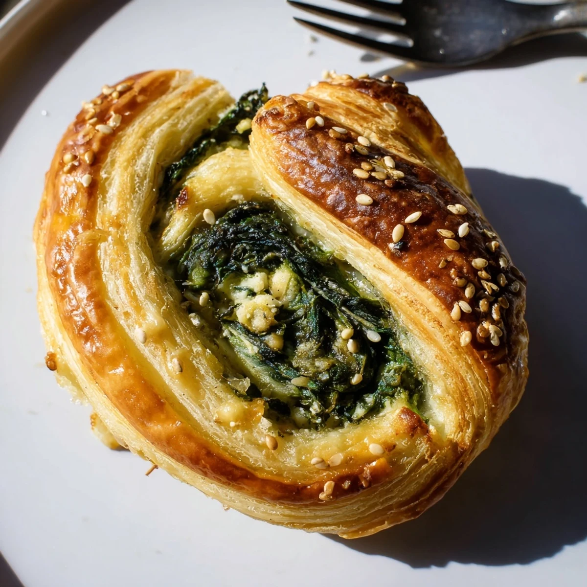 Bite-sized Spinach And Feta Puff Pastry Twists on parchment, sesame-speckled