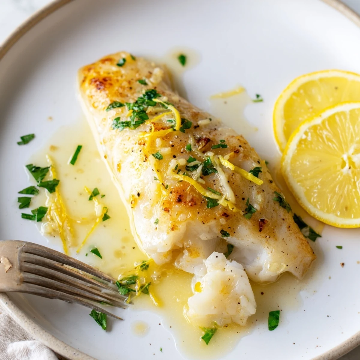 Pan roasted Garlic Butter Fish Recipe spooned with silky garlic sauce and parsley