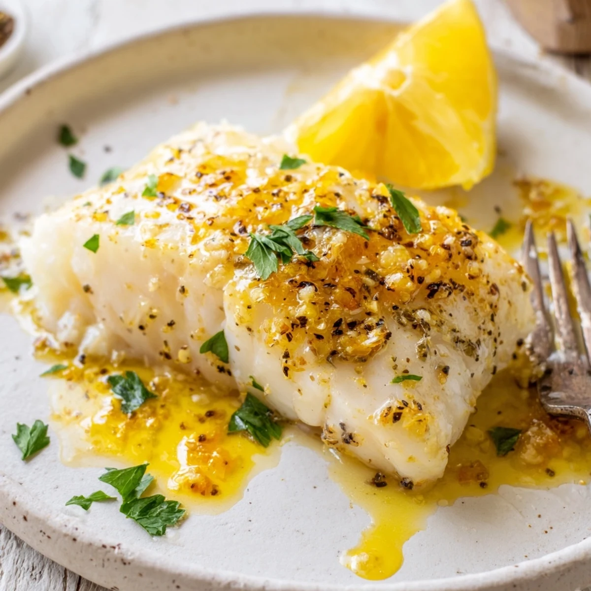 Weeknight Garlic Butter Fish Recipe served with steaming vegetables and lemon wedges