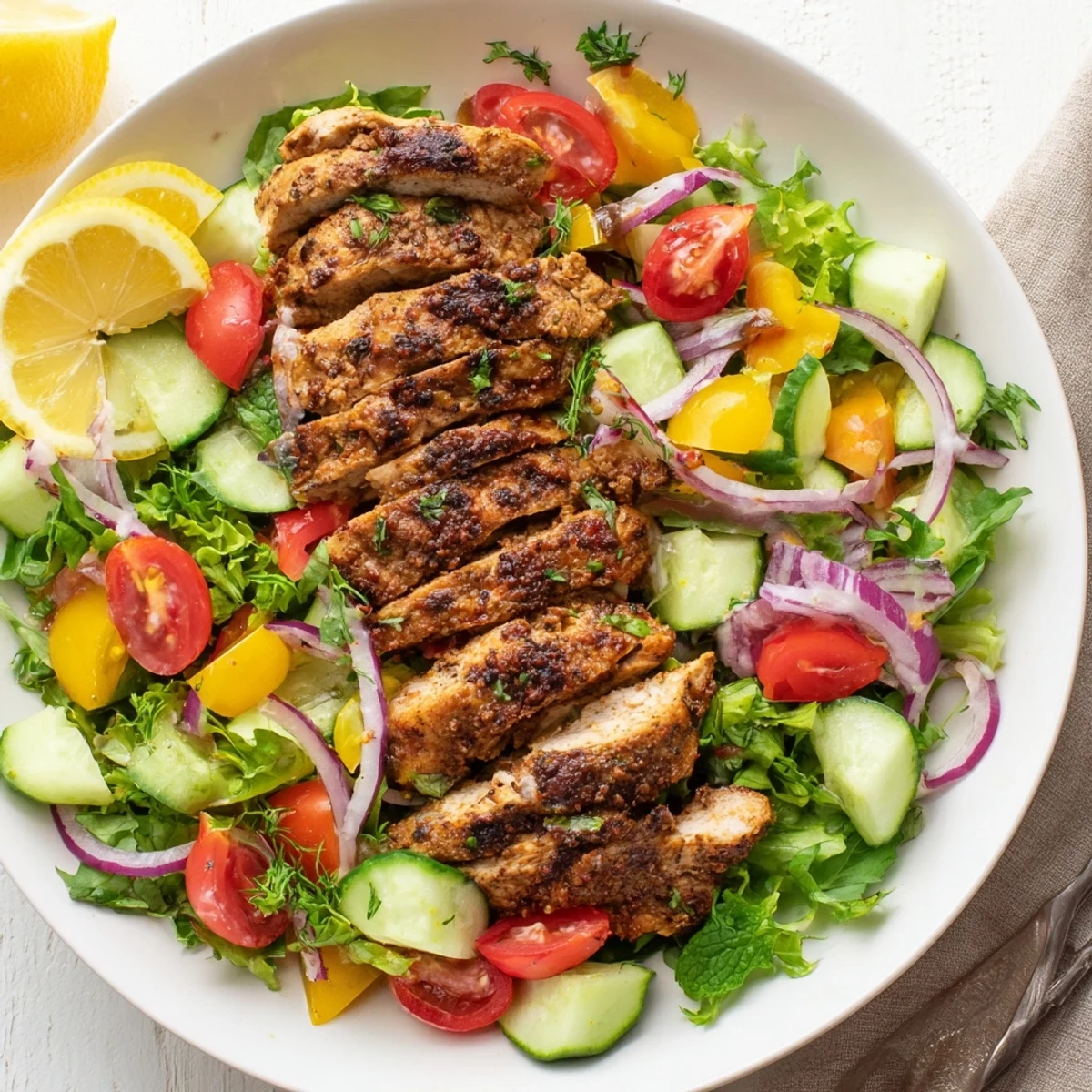 Grilled, spiced chicken slices atop crisp greens in Chicken Shawarma Salad Recipe