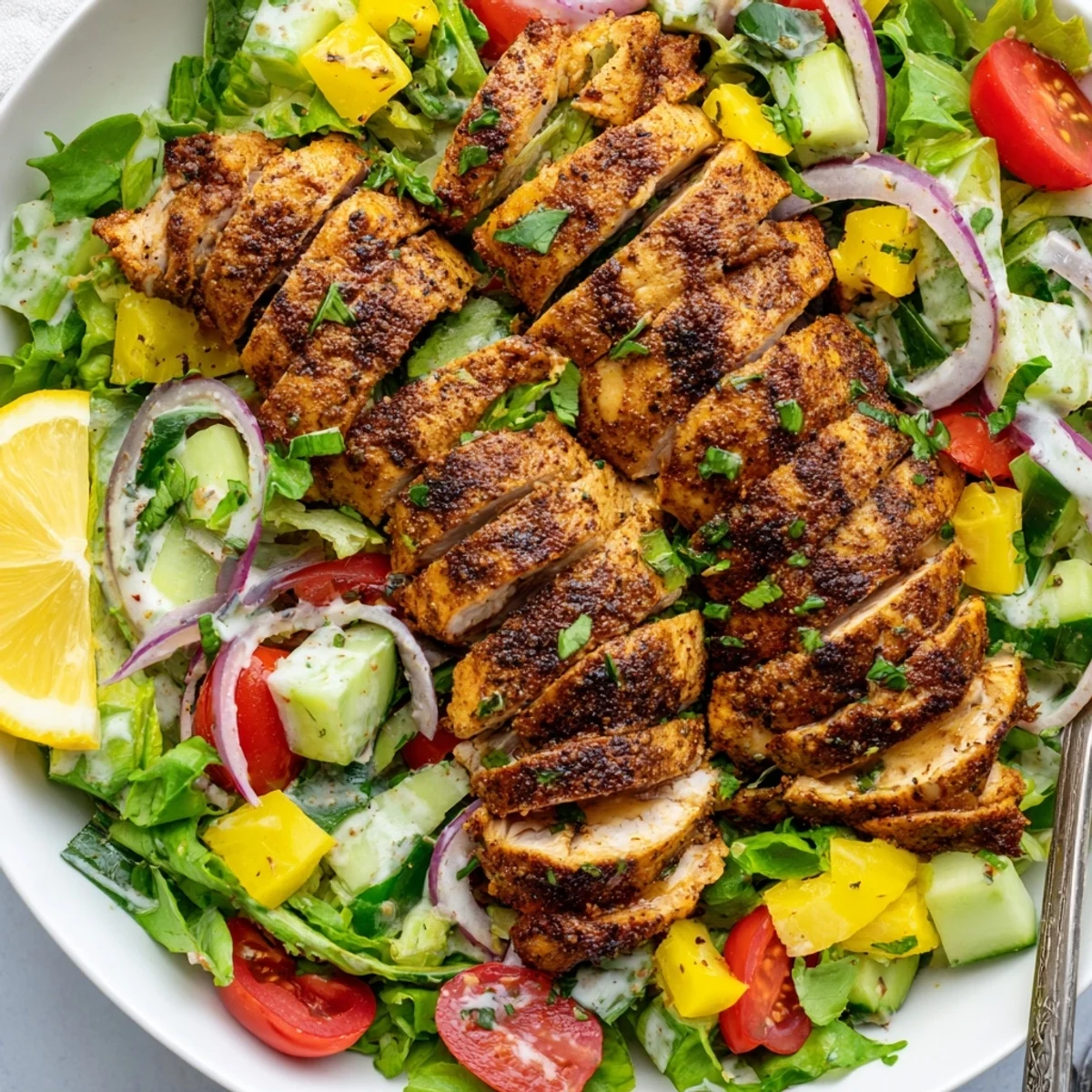 Warm charred chicken, lemony yogurt drizzle on vibrant Chicken Shawarma Salad