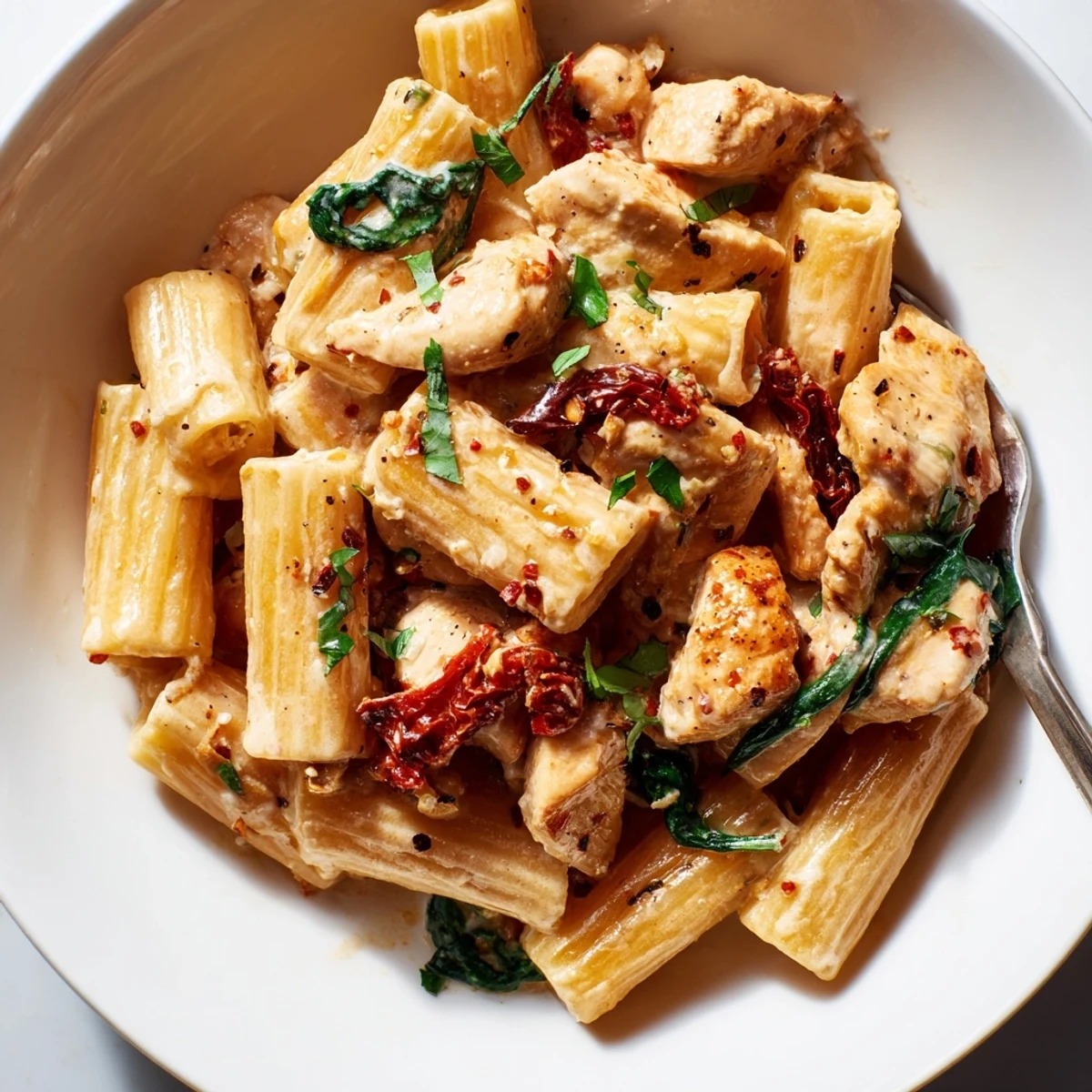 Creamy Chicken Rigatoni Recipe plated steaming, golden chicken, parmesan and parsley garnish