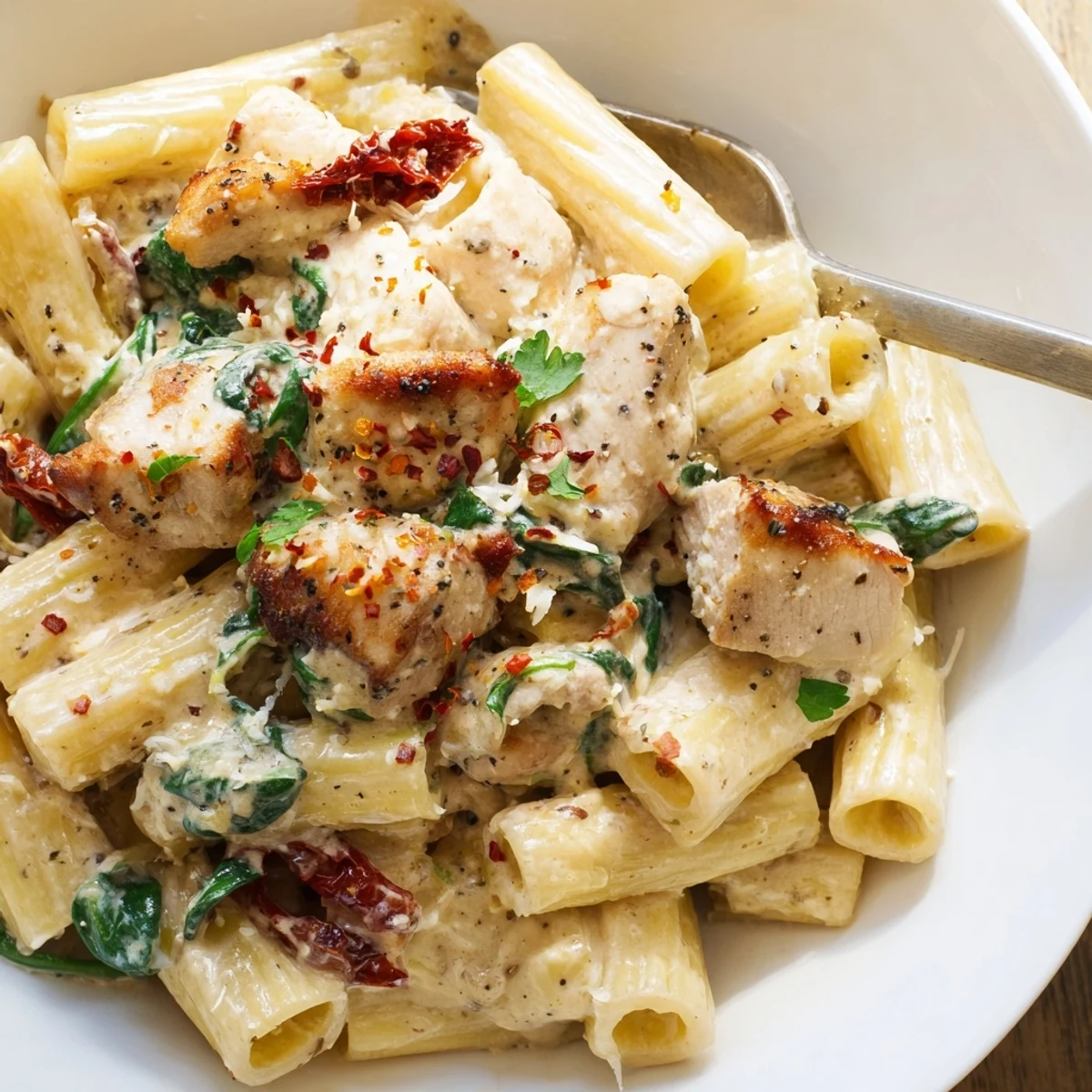 Family style Creamy Chicken Rigatoni Recipe served warm with wilted spinach and parmesan