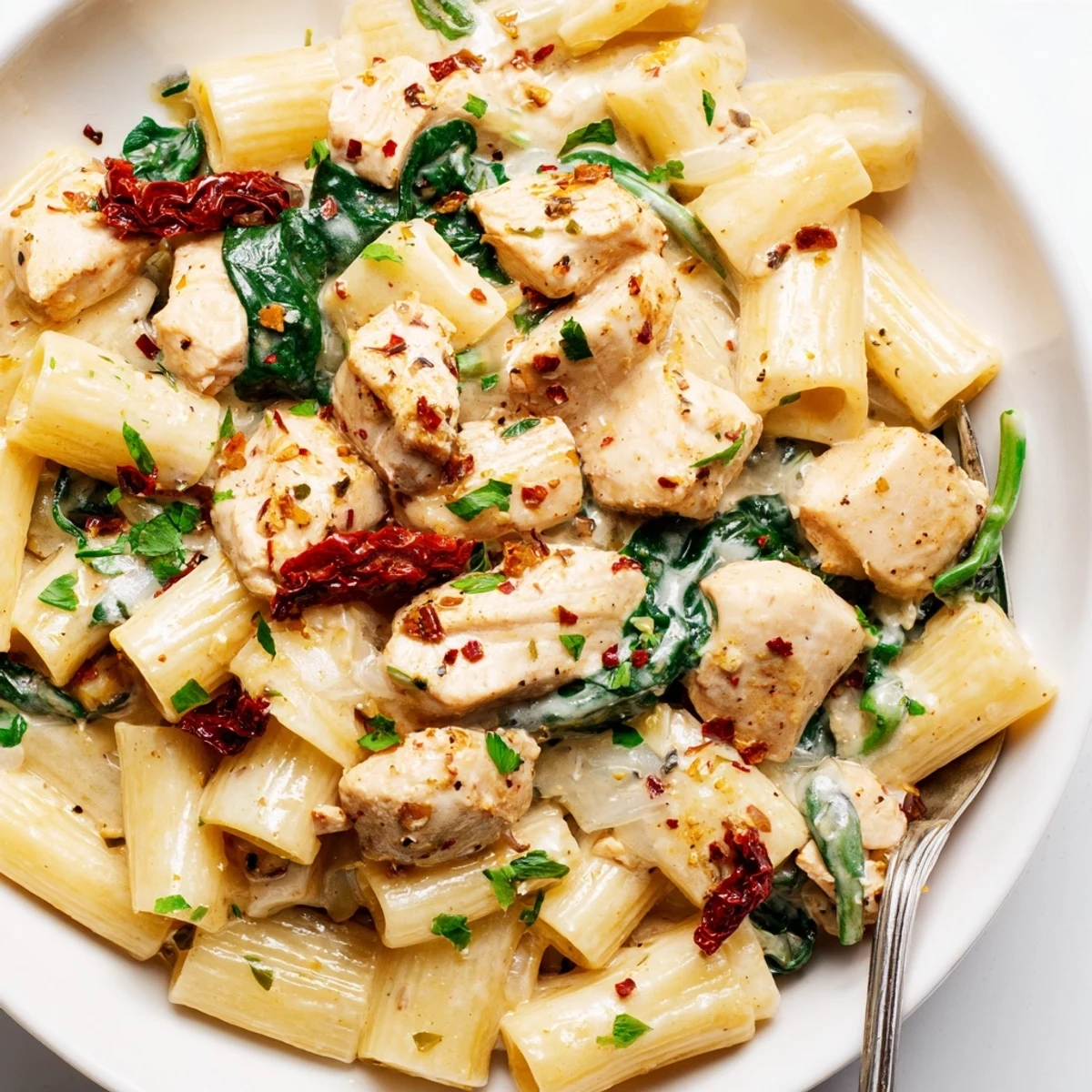 Homestyle Creamy Chicken Rigatoni Recipe tossed in silky sauce with sun dried tomatoes