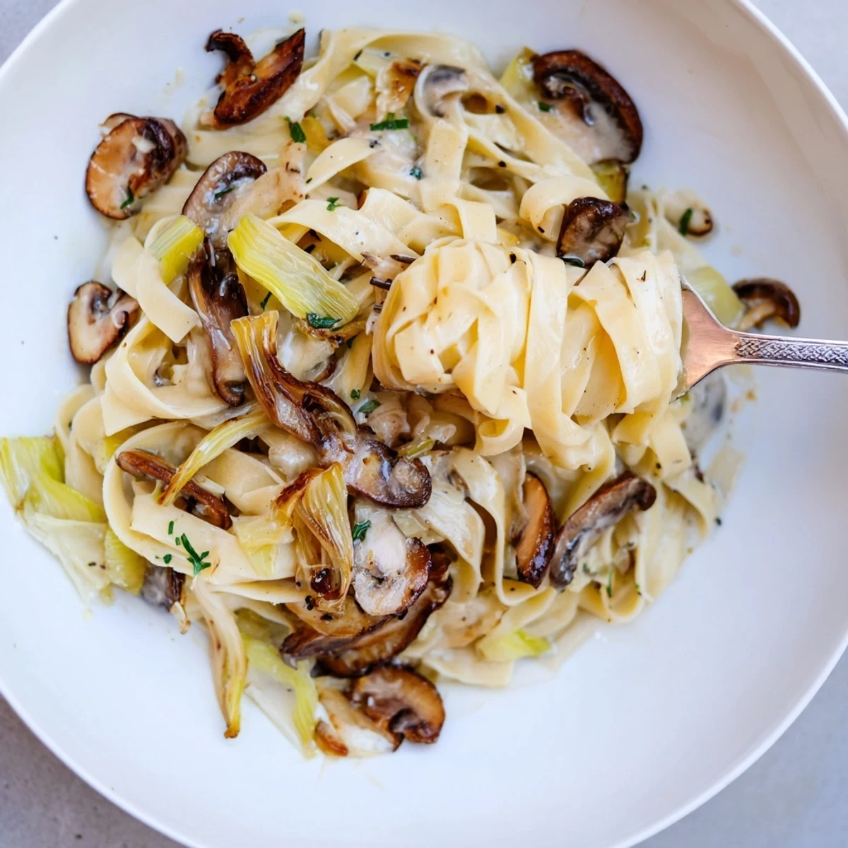 Caramelized Leek Mushroom Gruyere Pasta steaming, creamy noodles with golden leeks