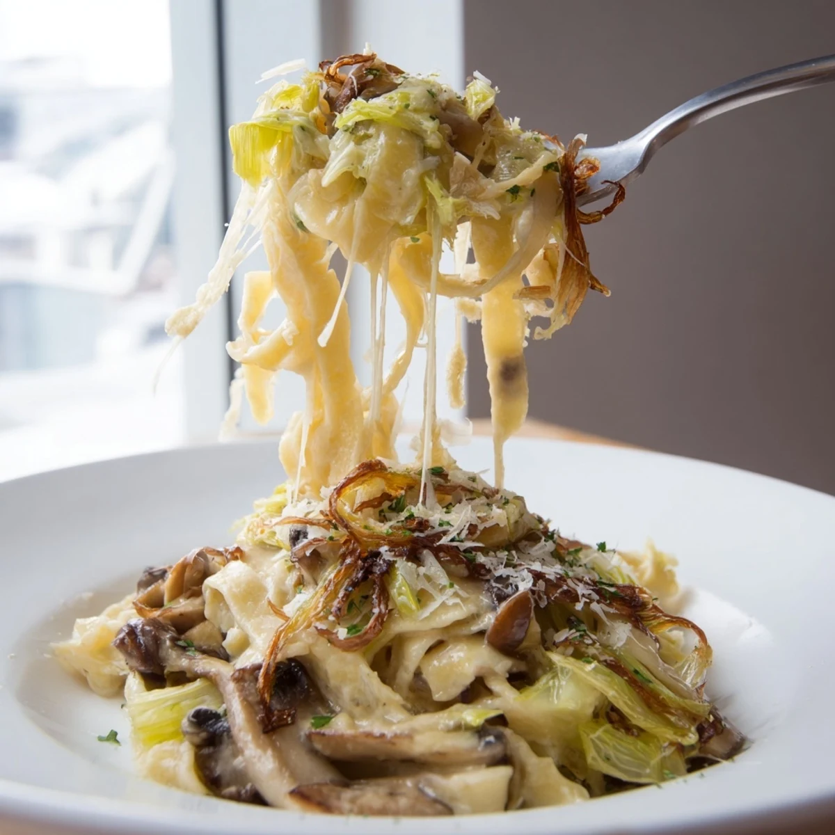 Fork twirling Caramelized Leek Mushroom Gruyere Pasta, savory mushrooms in silky sauce