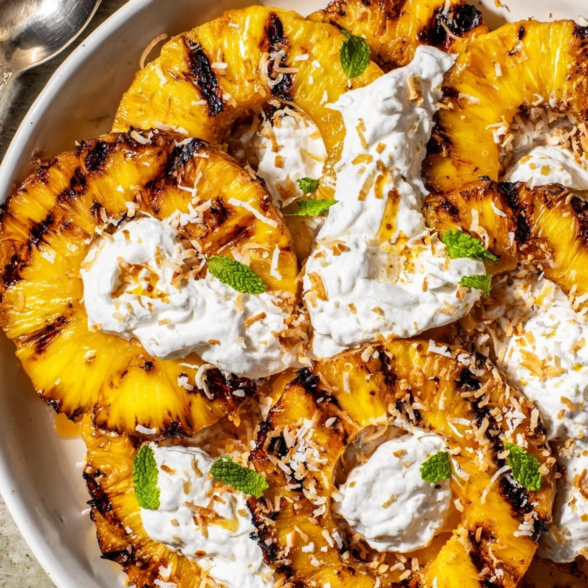 Creamy Citrus Grilled Pineapple with caramelized sear, zesty cream, shredded coconut garnish