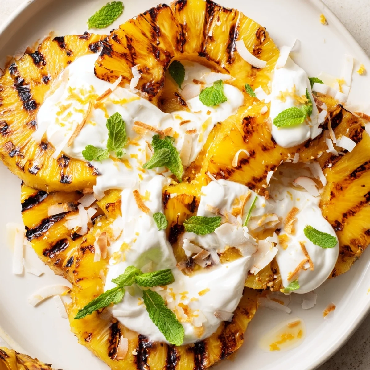 Charred slices of Creamy Citrus Grilled Pineapple topped with whipped citrus cream