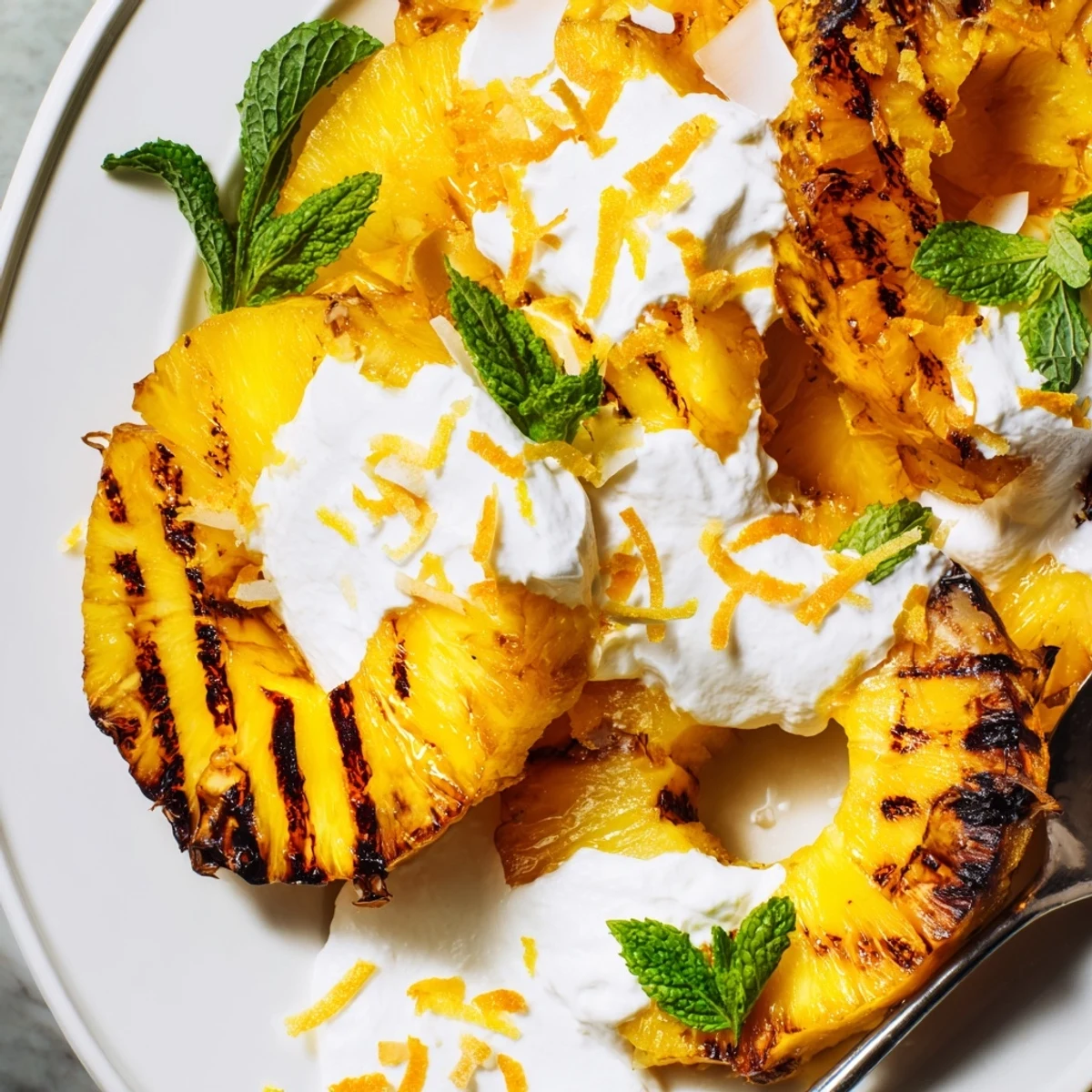 Summer-ready Creamy Citrus Grilled Pineapple plated warm, mint-sprig and tangy sauce