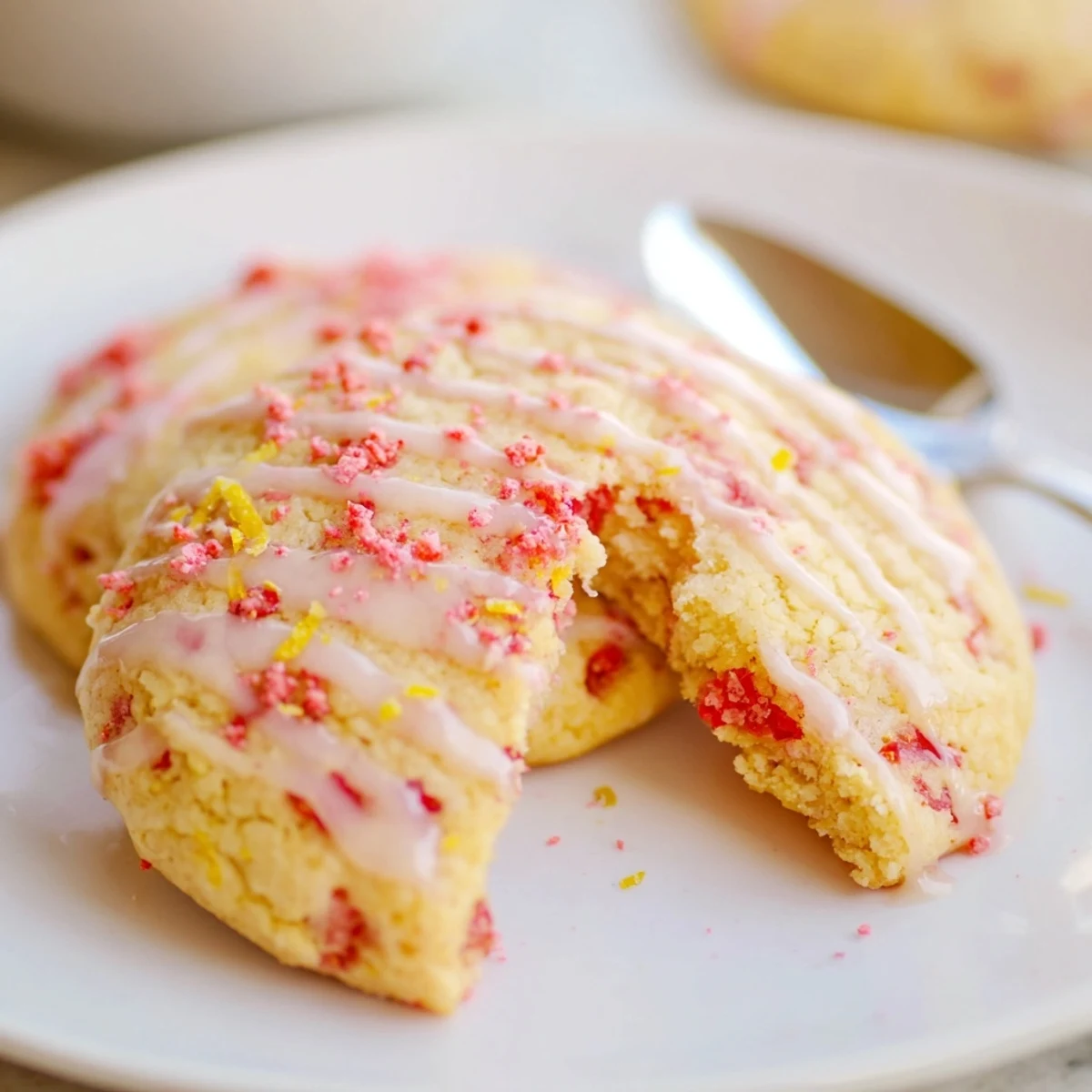 Fresh-baked Strawberry Lemonade Cookies Recipe on wire rack, lemon-scented, studded with strawberries
