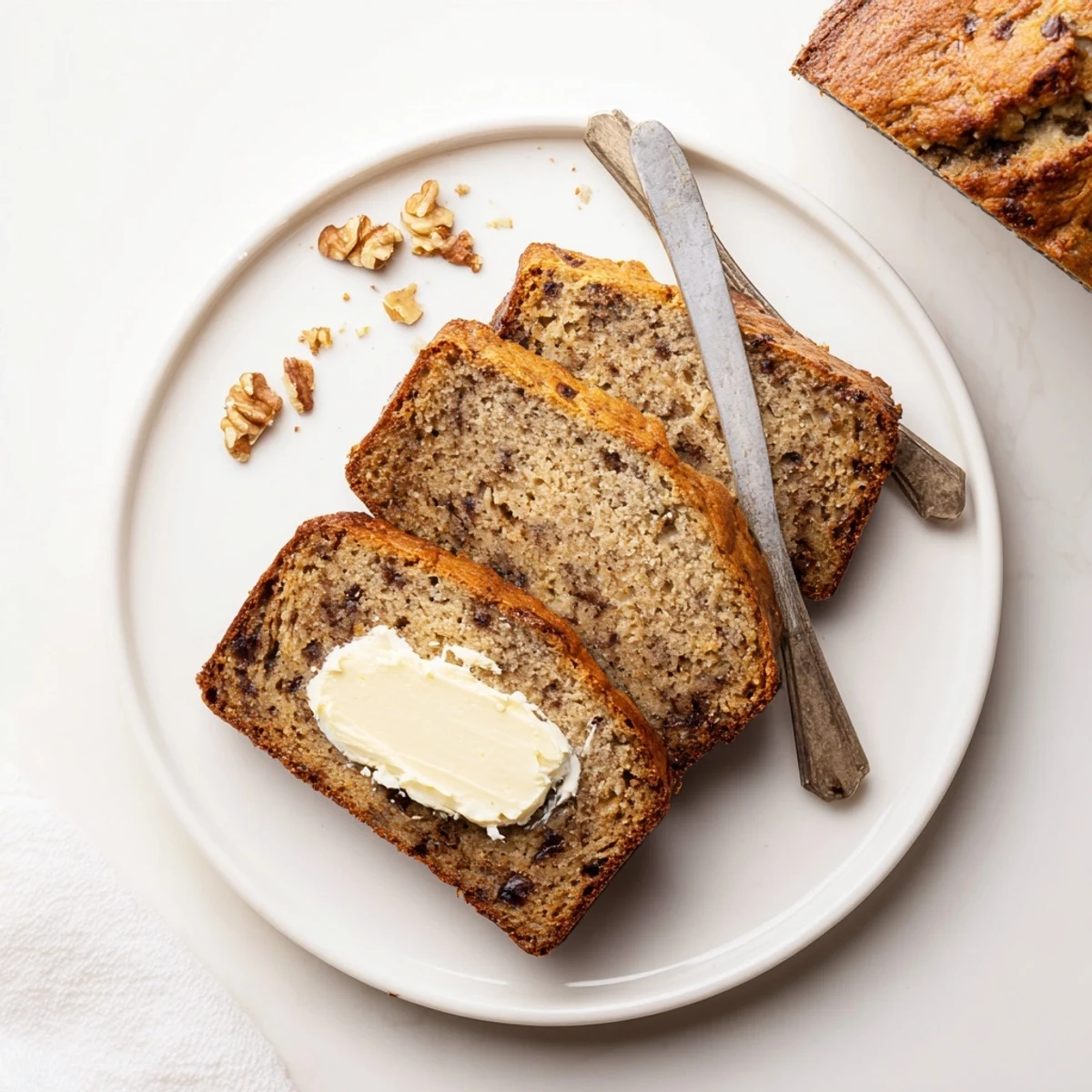 Moist Banana Bread Delight studded with walnuts, pictured on a breakfast table
