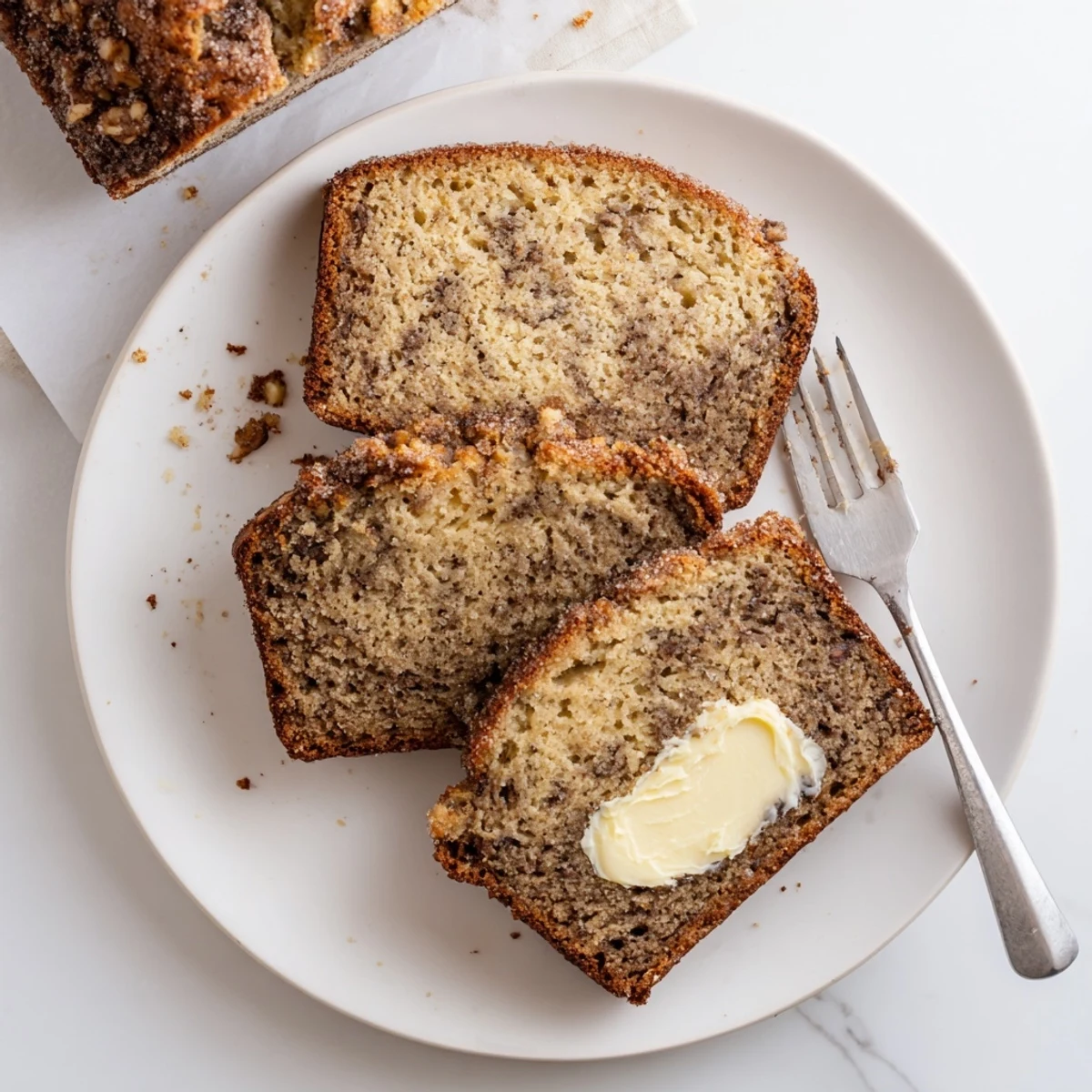Golden-crusted Banana Bread Delight with cinnamon aroma, served with softened butter  