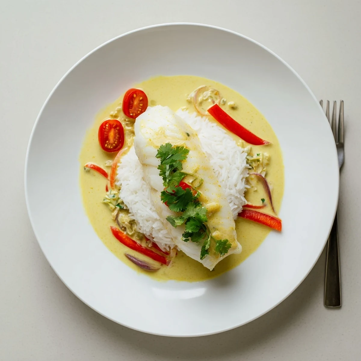 Coconut Curry Baked Cod resting in creamy sauce, garnished with cilantro.