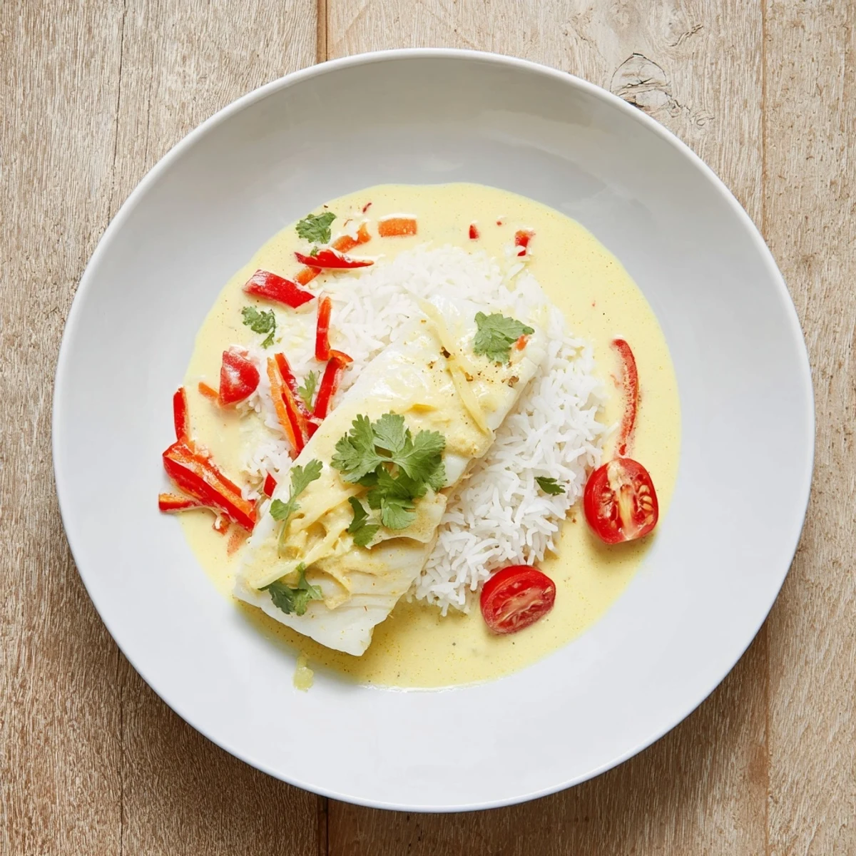 Warm Coconut Curry Baked Cod over jasmine rice with bright lime.