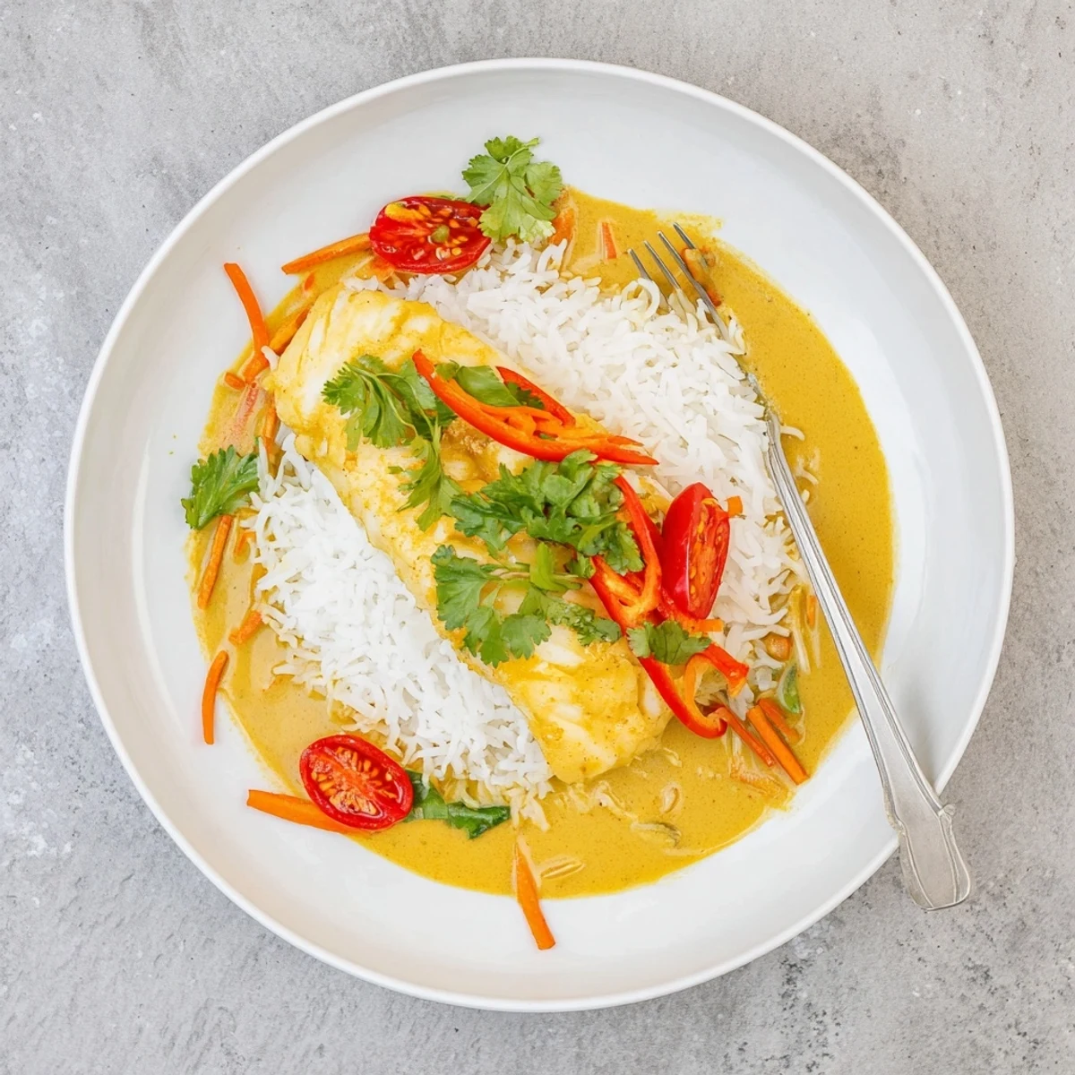 Oven-roasted Coconut Curry Baked Cod flakes tenderly, scented with turmeric.