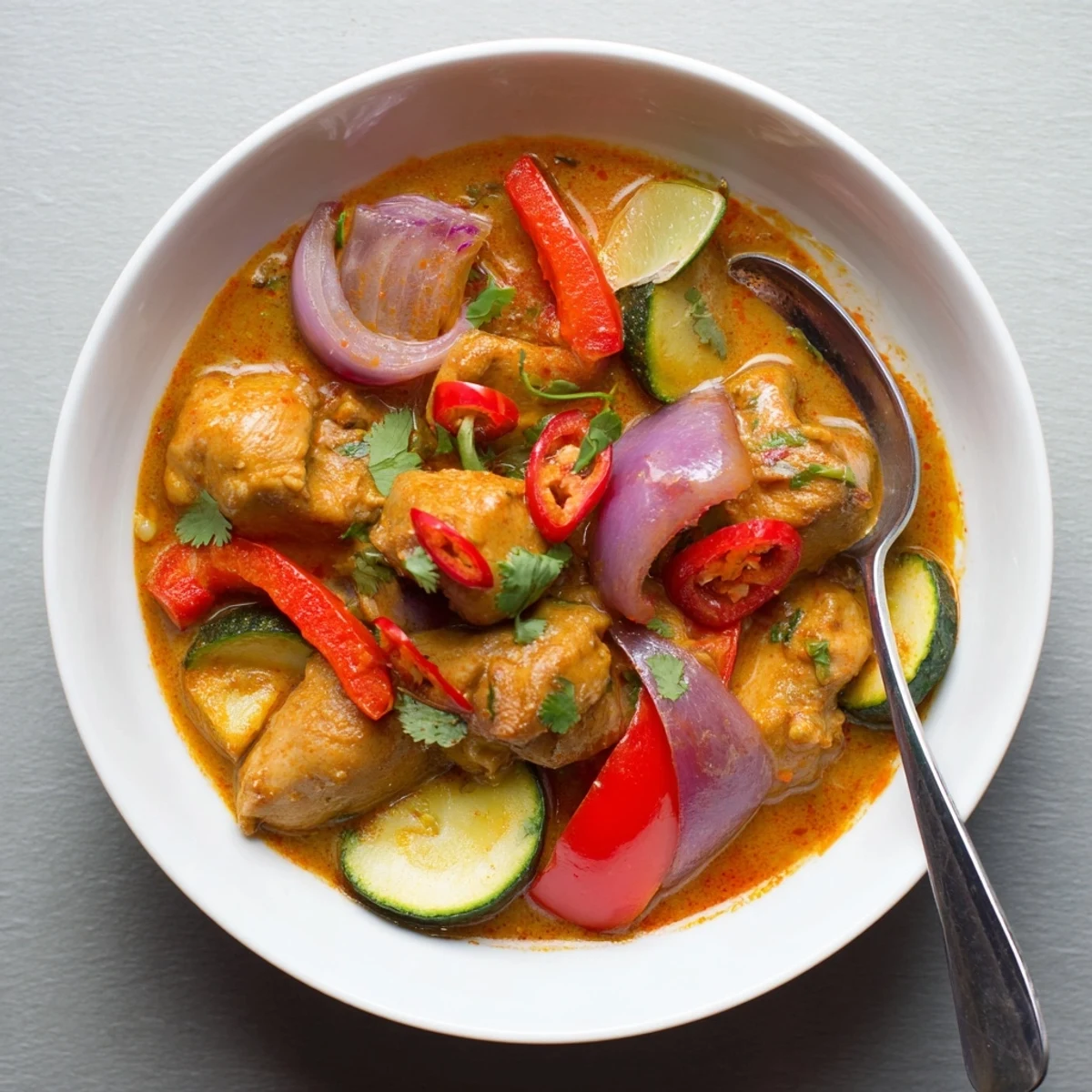 A bowl of Spicy Summer Coconut Chicken Curry with zesty lime and vegetables  
