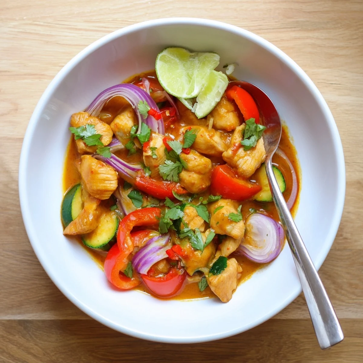 Spicy Summer Coconut Chicken Curry steaming over rice, bright chilies and cilantro  