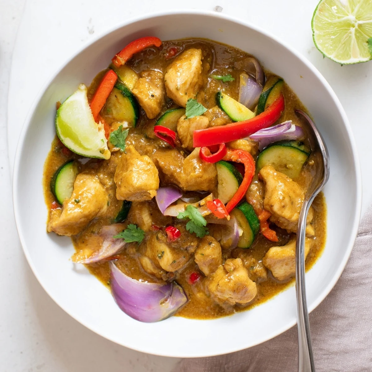 Skillet of Spicy Summer Coconut Chicken Curry simmering, tender chicken and creamy sauce