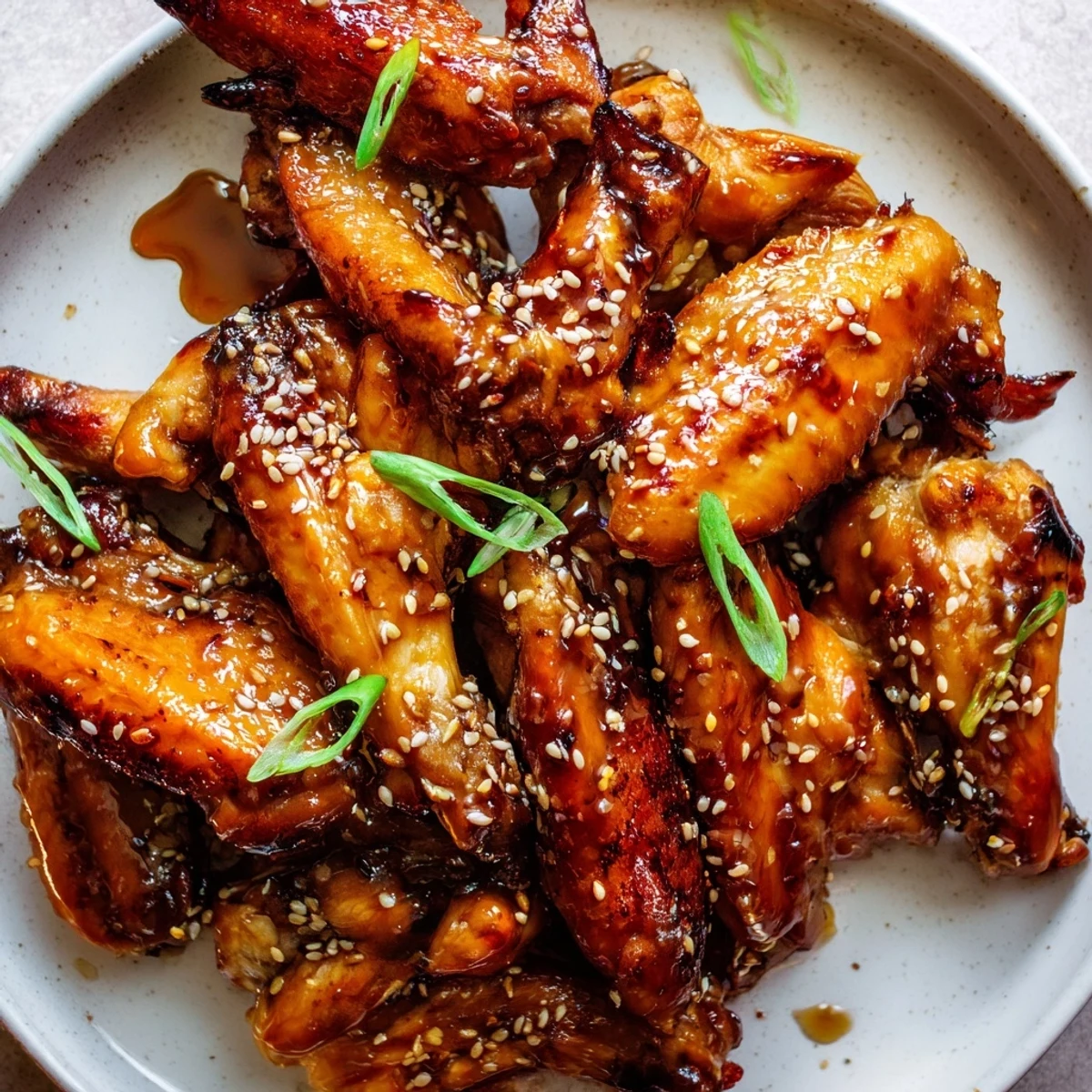 Sticky Teriyaki Baked Wings glistening with glossy sauce, sesame, green onions, oven-crisped.