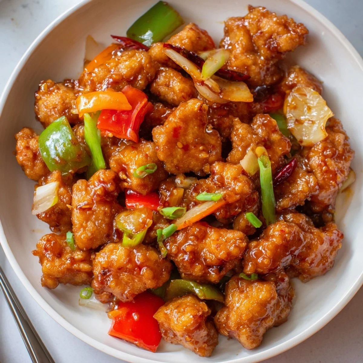 Chilli Chicken Indo Chinese Recipe with glossy red sauce, crunchy peppers served hot
