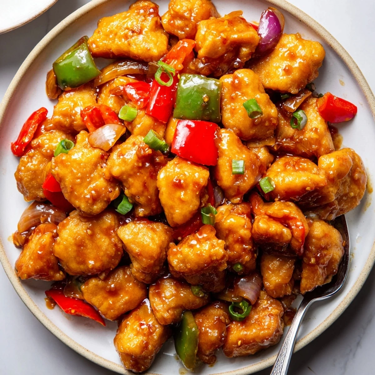 Comforting Chilli Chicken Indo Chinese Recipe served with fried rice, fragrant ginger