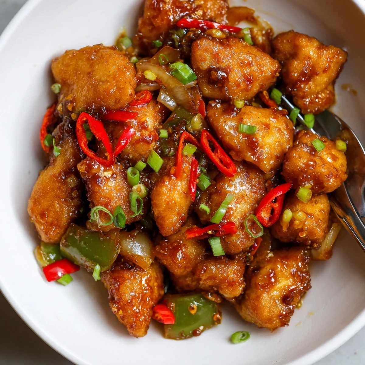 Crispy Chilli Chicken Indo Chinese Recipe tossed in spicy tangy sauce, garnished with scallions