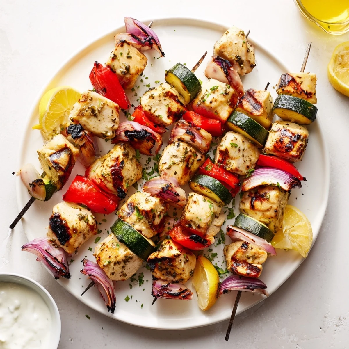 Greek Marinated Chicken Kabobs glistening with lemon-herb marinade, grilled and garnished with parsley