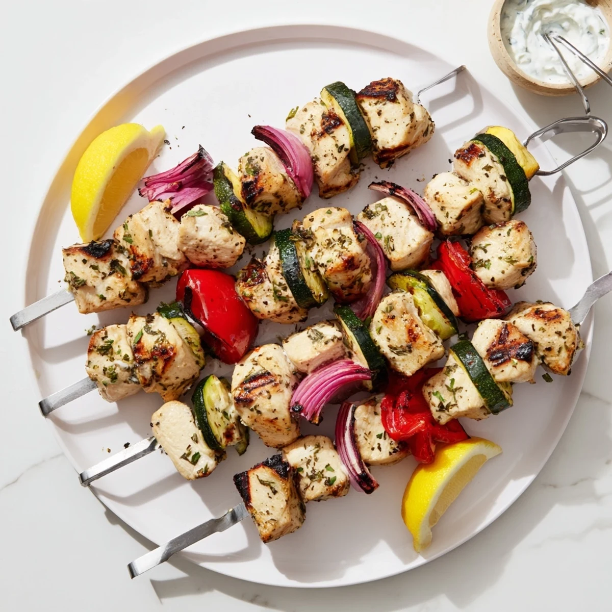 Charred edges, juicy centers on Greek Marinated Chicken Kabobs served with tzatziki