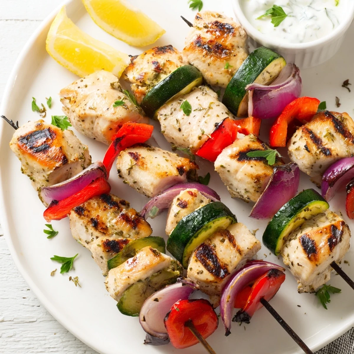 Skewered and vibrant Greek Marinated Chicken Kabobs, lemon wedges and pita nearby