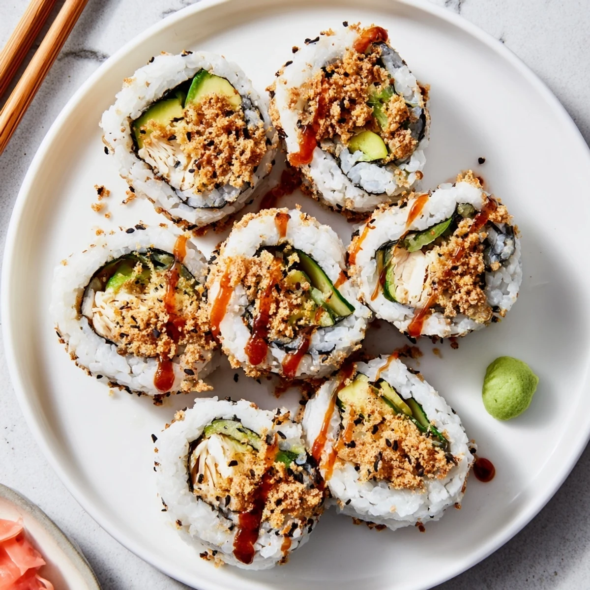 California Crunch Roll Sushi with creamy crab, crispy panko, drizzled unagi glaze
