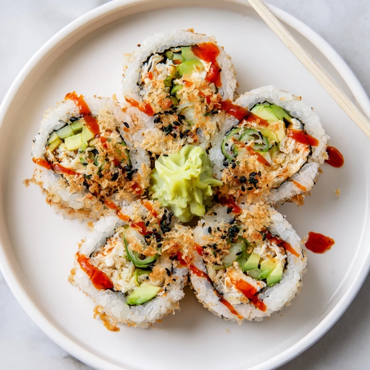 Hand rolled California Crunch Roll Sushi on bamboo mat, served with ginger