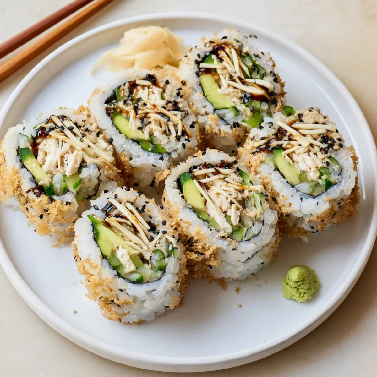 Bright California Crunch Roll Sushi slices topped with spicy mayo, scallion garnish