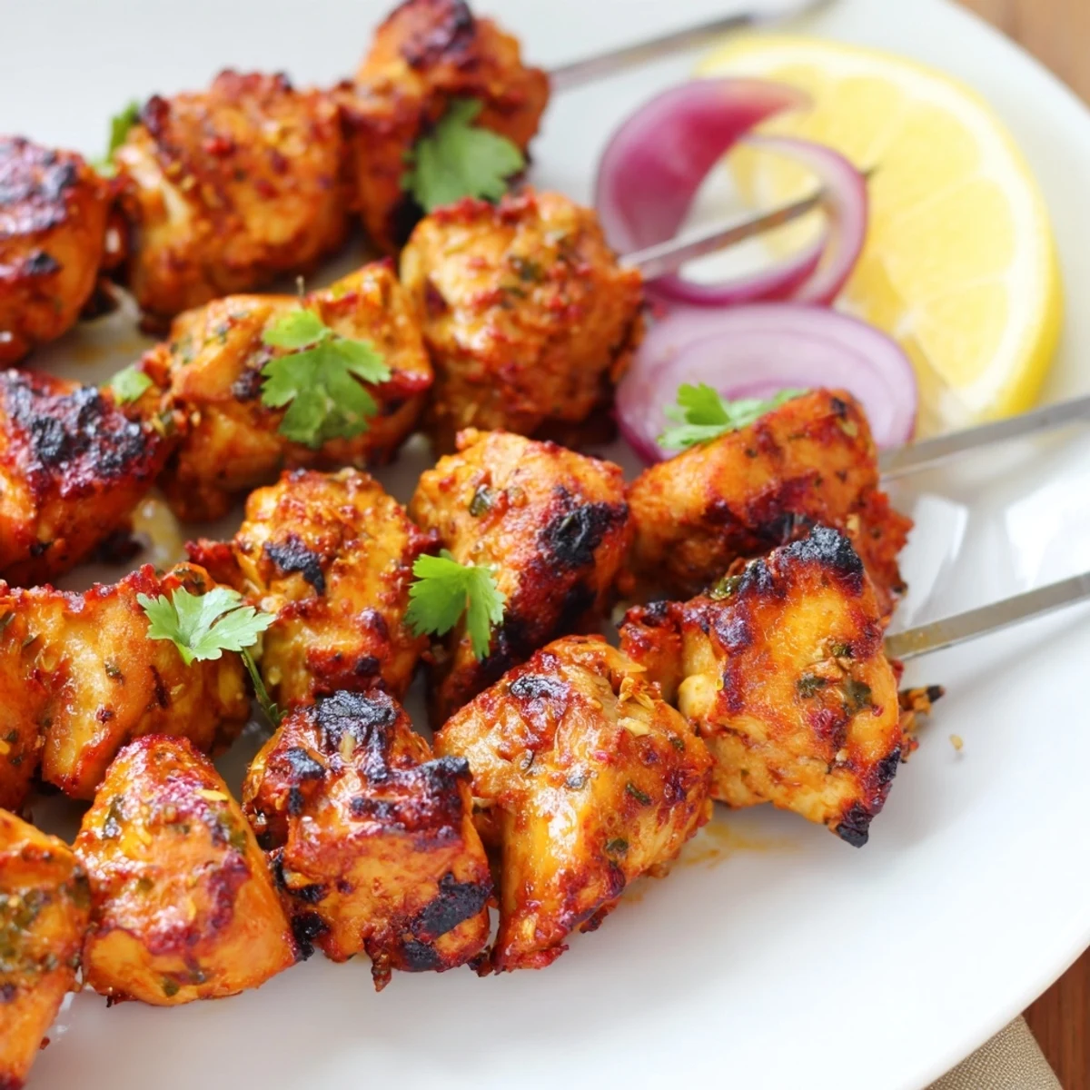Tandoori Chicken Tikka Skewers sizzling on grill, charred edges and lemon wedges