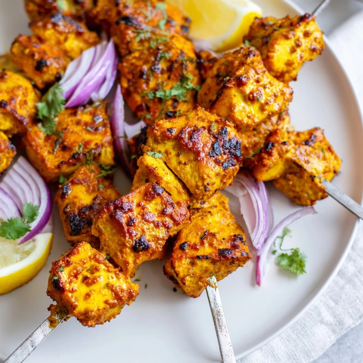 Plated Tandoori Chicken Tikka Skewers with cooling raita and warm naan nearby