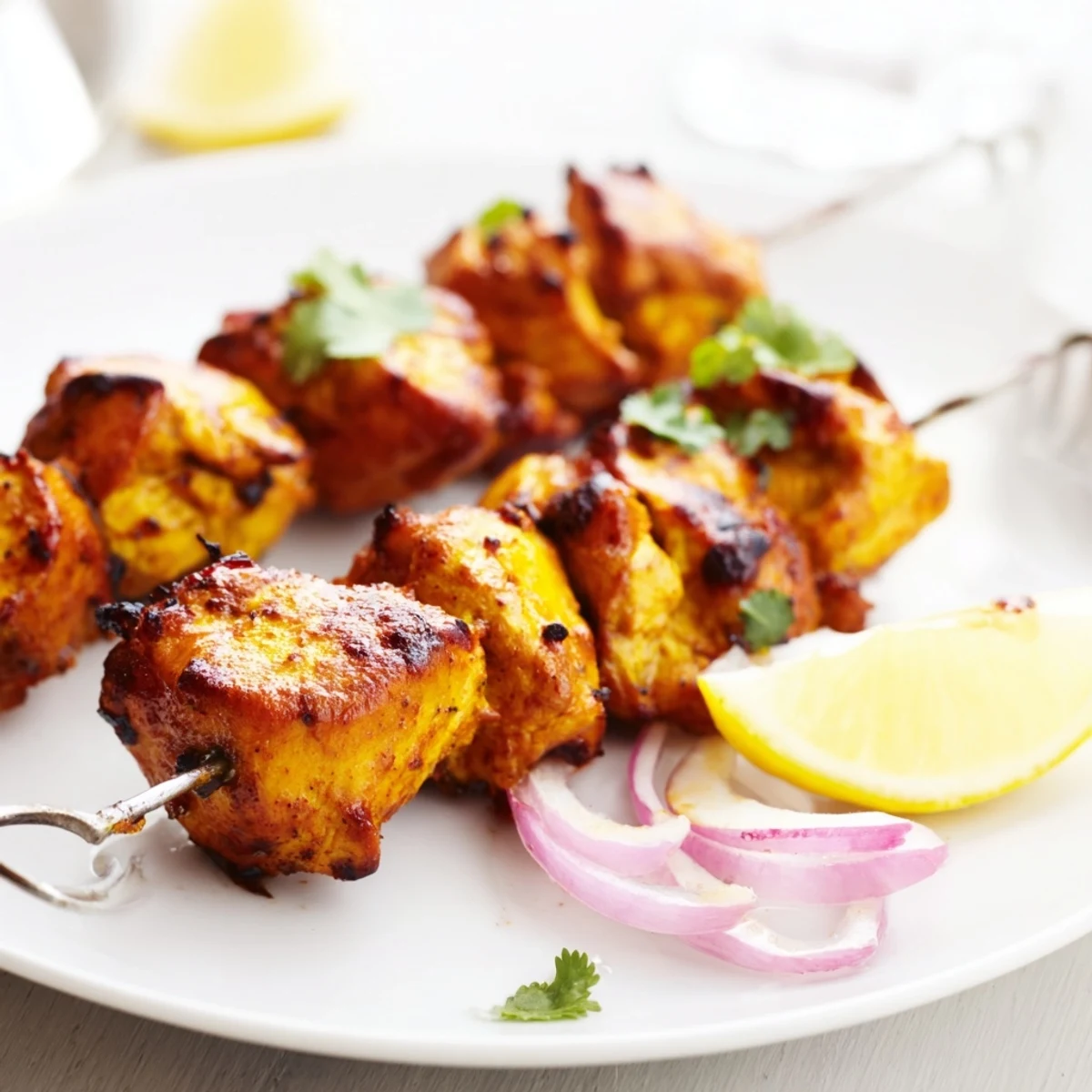 Close-up of juicy Tandoori Chicken Tikka Skewers glistening with spiced yogurt