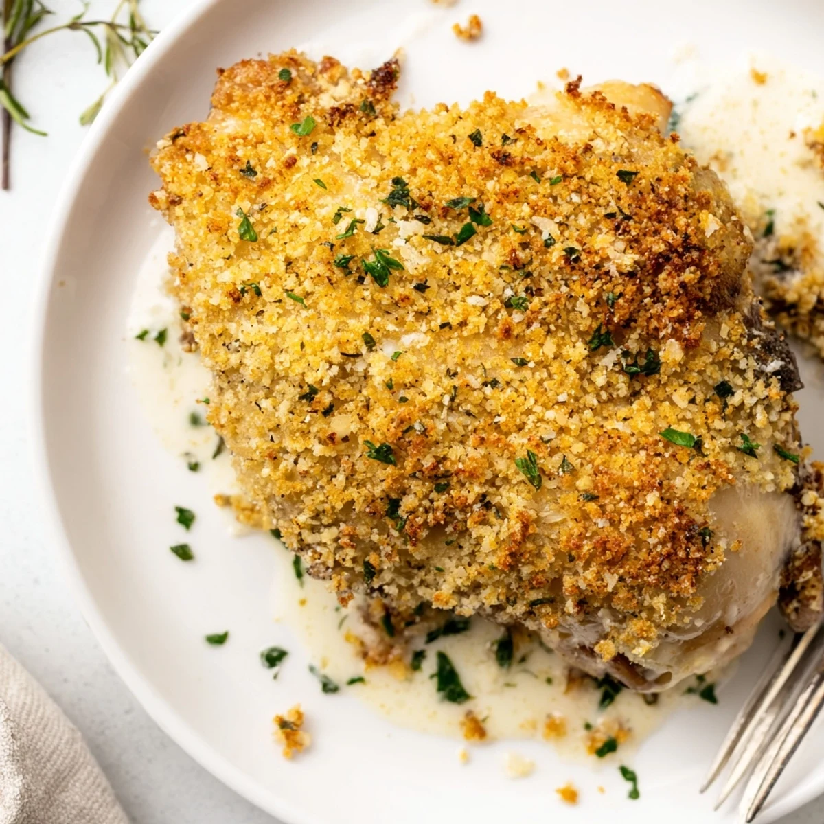 Golden Herb Crusted Chicken Thighs In Creamy Garlic Sauce, crisp herb crust, silky sauce