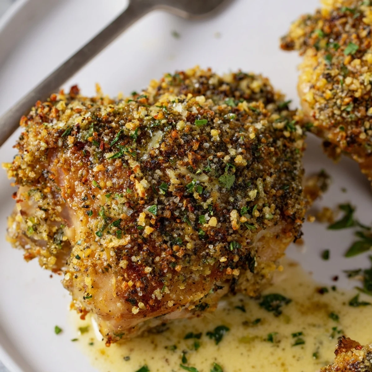 Oven-baked Golden Herb Crusted Chicken Thighs In Creamy Garlic Sauce resting, buttery aroma
