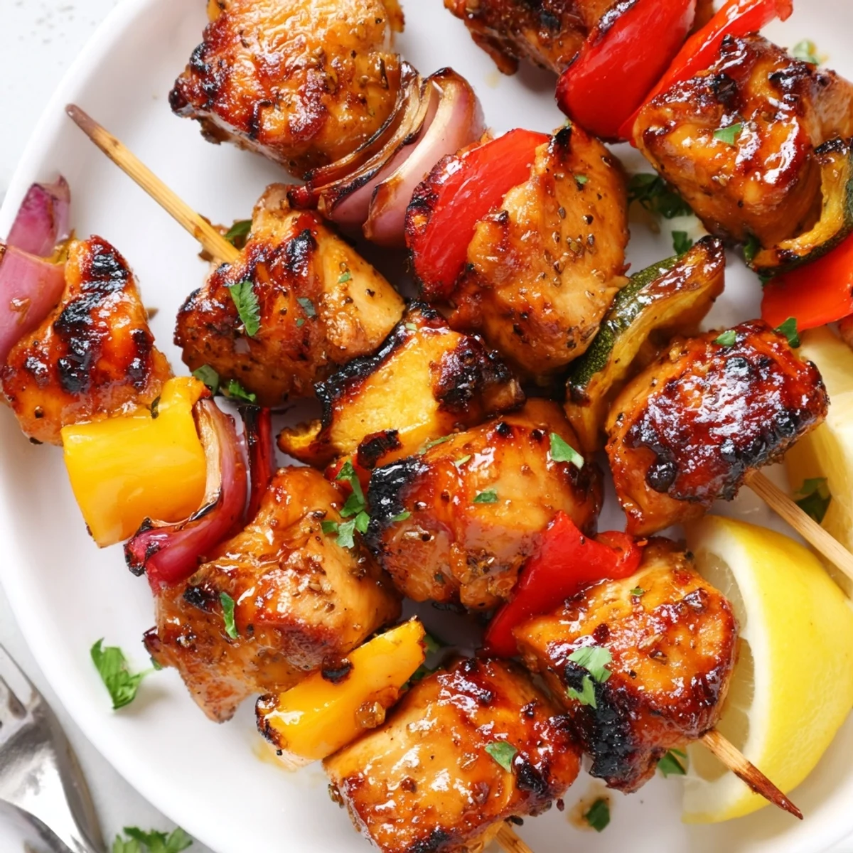 Grilled Chicken Kabobs glistening with char, skewered peppers and lemon wedges.
