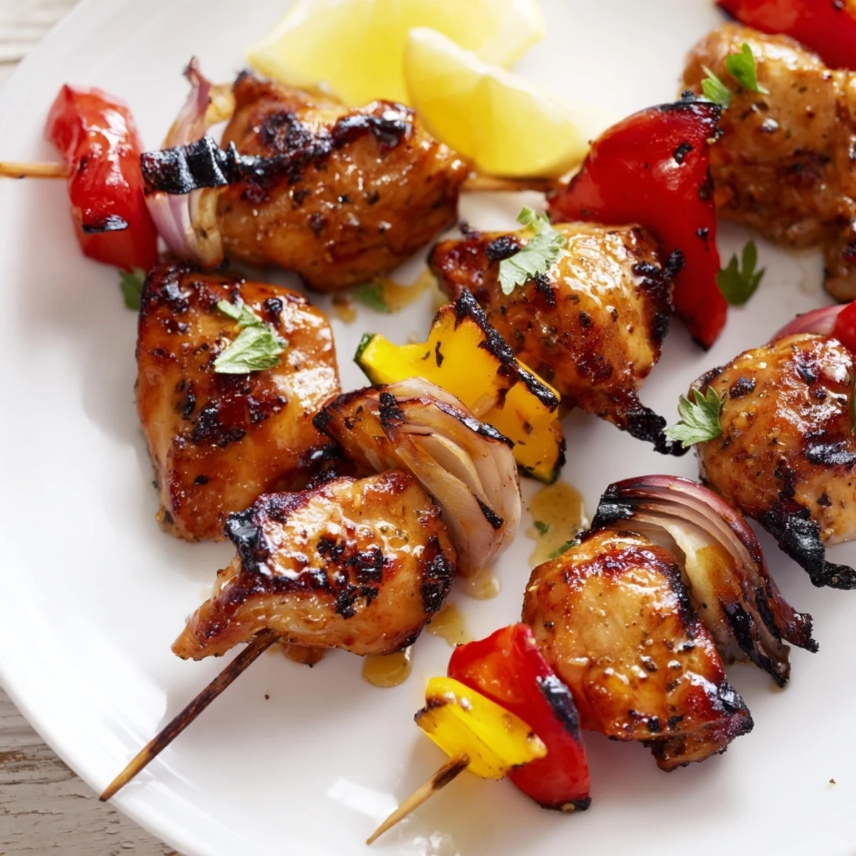 Plate of Grilled Chicken Kabobs steaming, herb-sprinkled, served with rice and parsley.