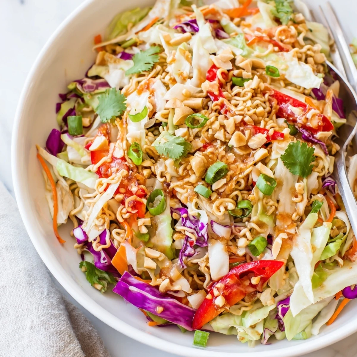 Asian Cabbage Salad tossed in tangy sesame lime dressing with crunchy noodles