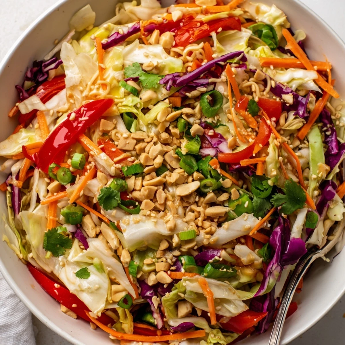 Vibrant Asian Cabbage Salad with napa, red cabbage, shredded carrots, cilantro