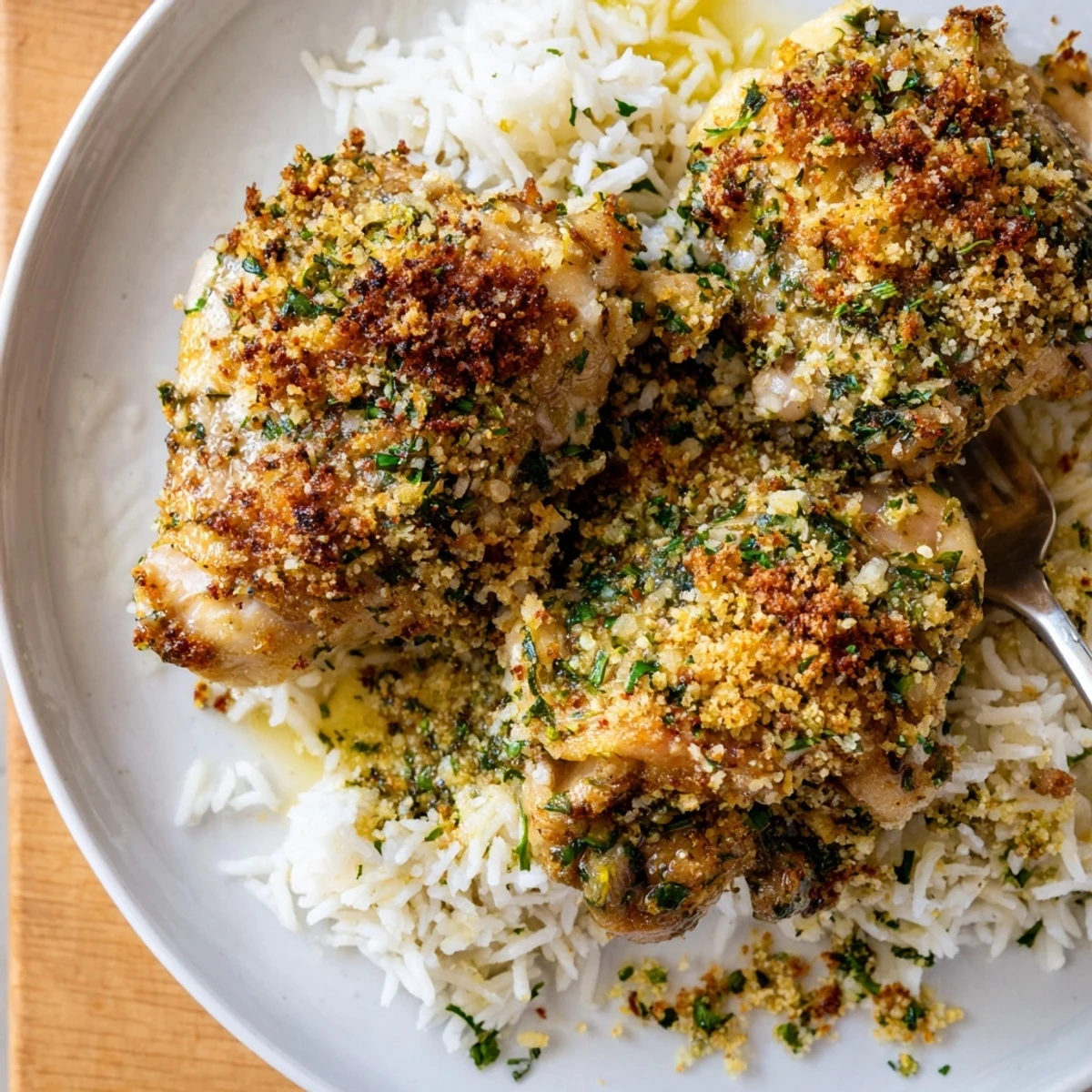 Golden Herb Crusted Chicken Thighs resting over creamy garlic sauce and fluffy rice