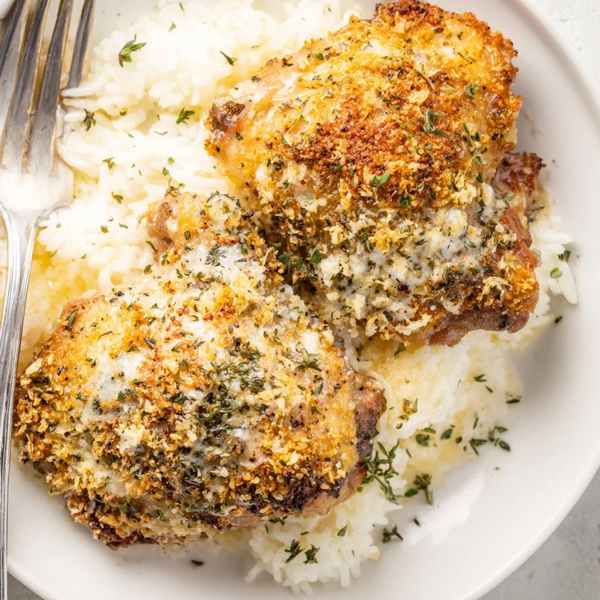 Crispy, aromatic Golden Herb Crusted Chicken Thighs atop buttery rice, parsley garnish