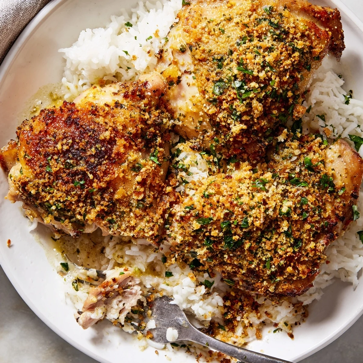 Golden Herb Crusted Chicken Thighs spooned with warm garlic cream, served on rice