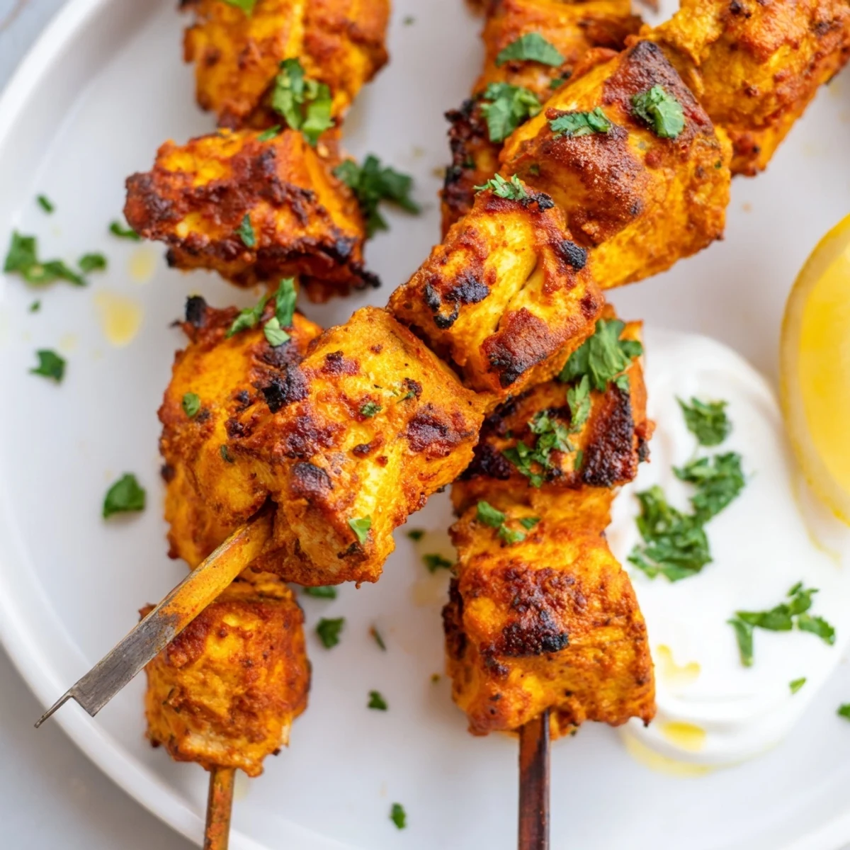Grilled Tandoori Chicken Tikka Skewers with charred edges, lemon and cilantro