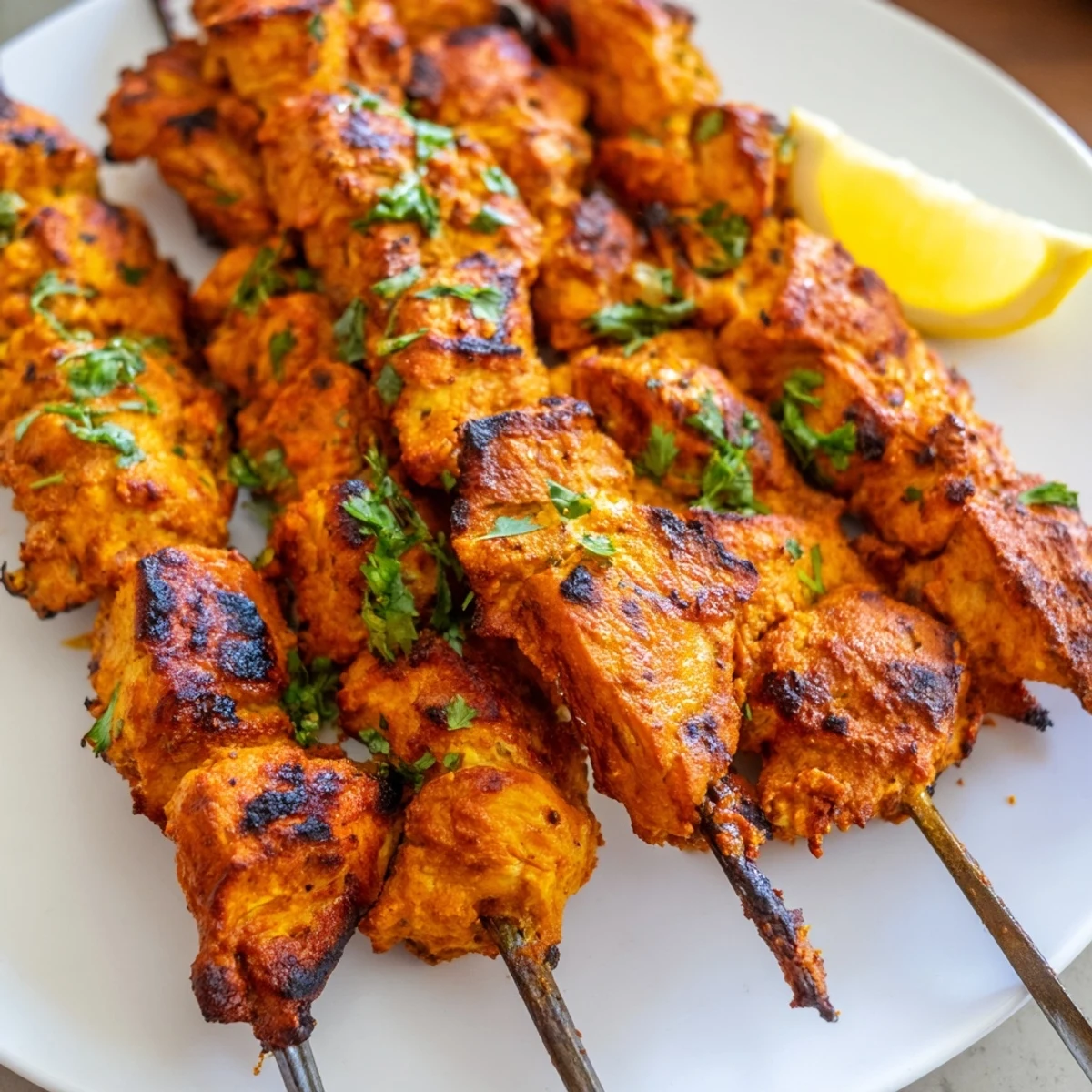 Smoky yogurt-marinated Tandoori Chicken Tikka Skewers sizzling on hot grill