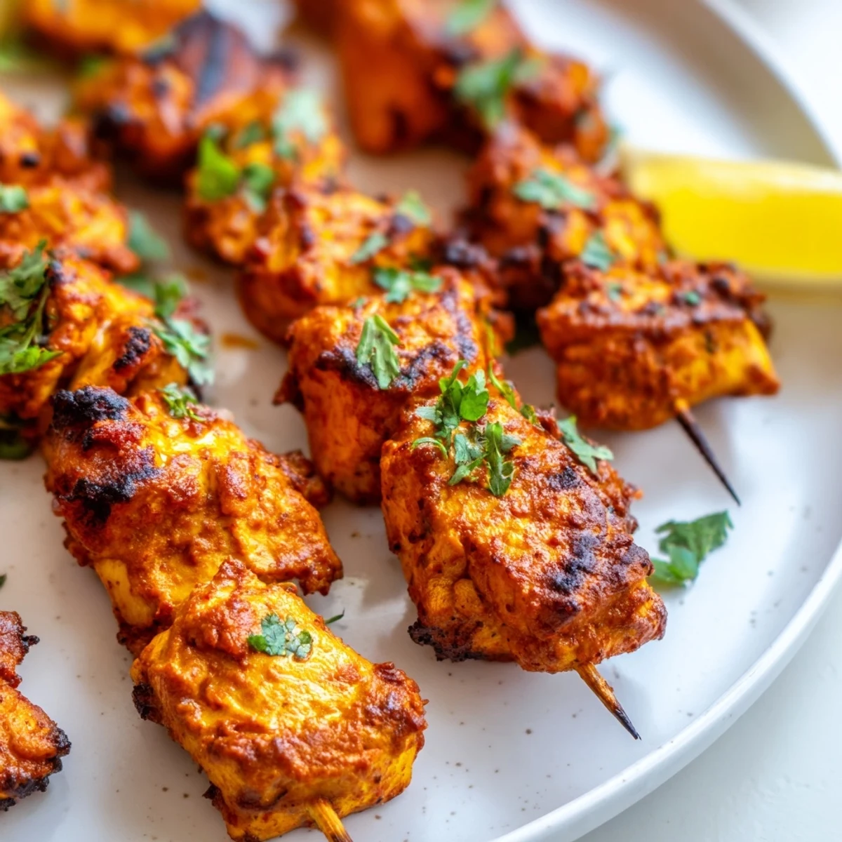 Tender Tandoori Chicken Tikka Skewers glistening with spices, served with lemon