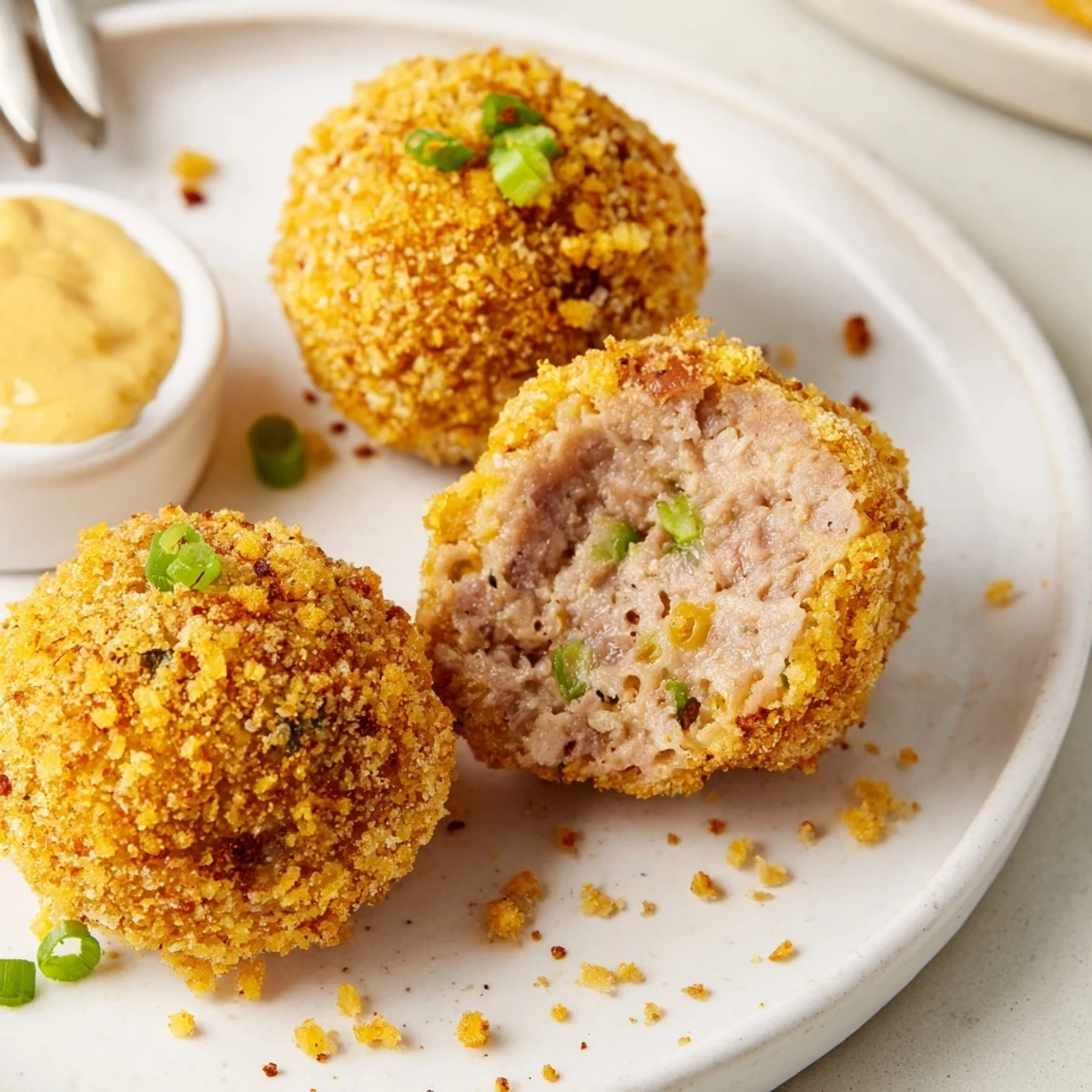 Cajun Boudin Balls glistening golden, crispy exterior with steaming savory filling
